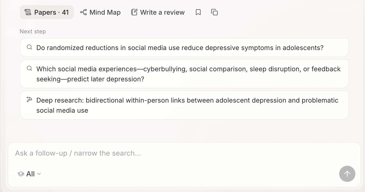 The follow-up input box at the bottom of the results page, with Ponder's next-step suggestions above it