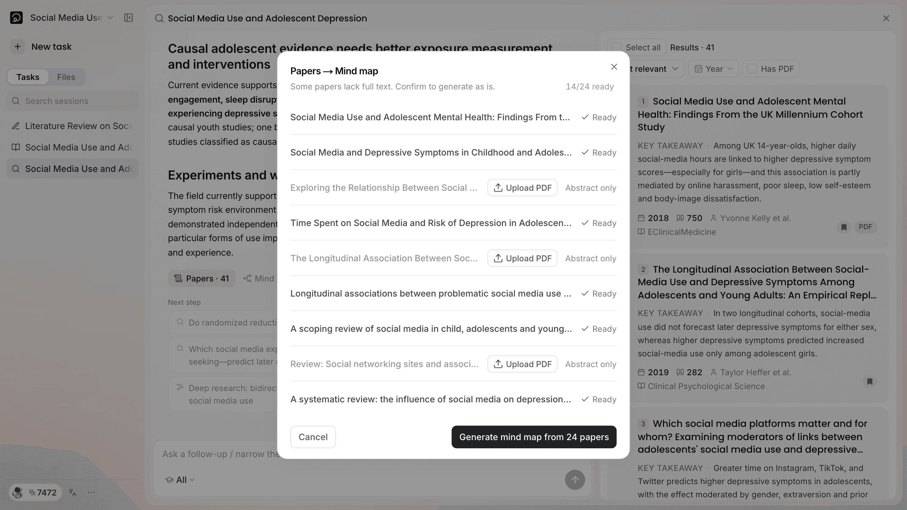 The preparation window shows Ready or Abstract only per paper, with an upload option next to the abstract-only ones