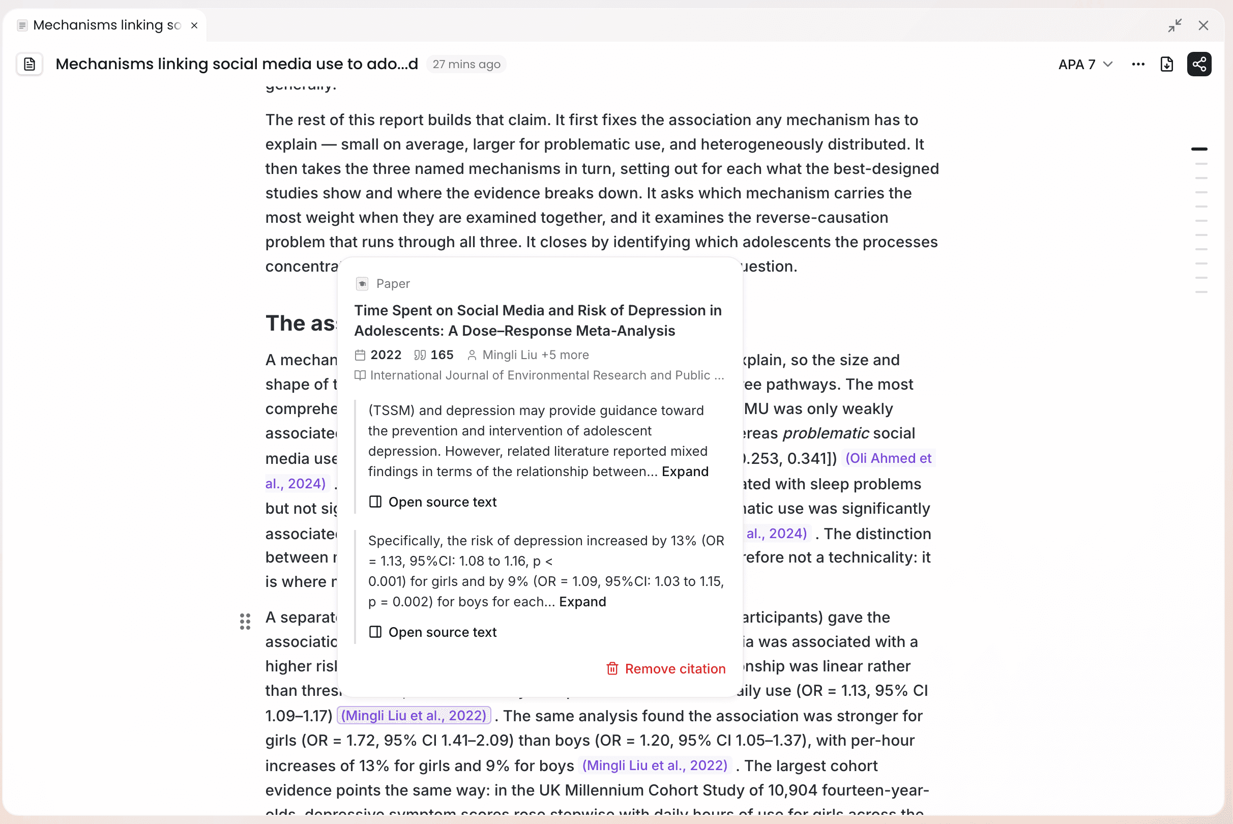 Opening a citation: the card carries the bibliographic data, the passage behind it, and Open source text