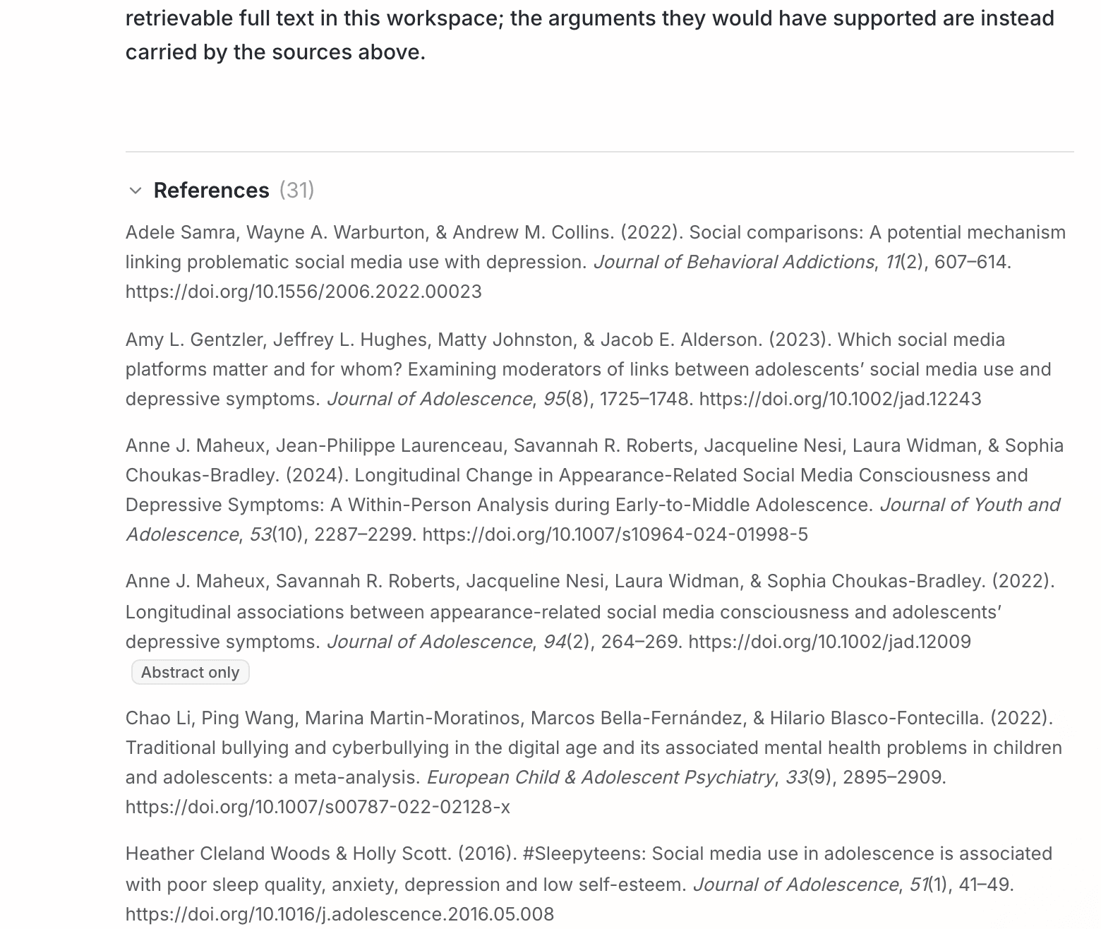 The reference list at the end, with an entry marked "Abstract only"