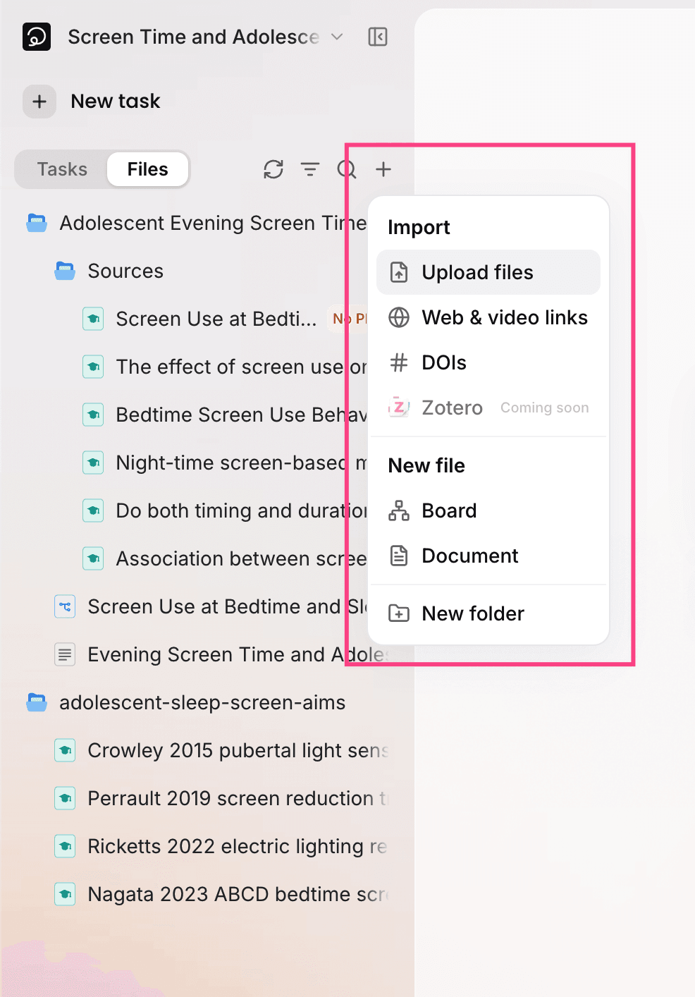 The "+" next to the Files tab: Import & new