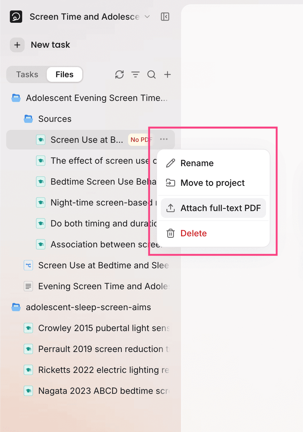 A paper marked "No PDF", with Attach full-text PDF in its row menu