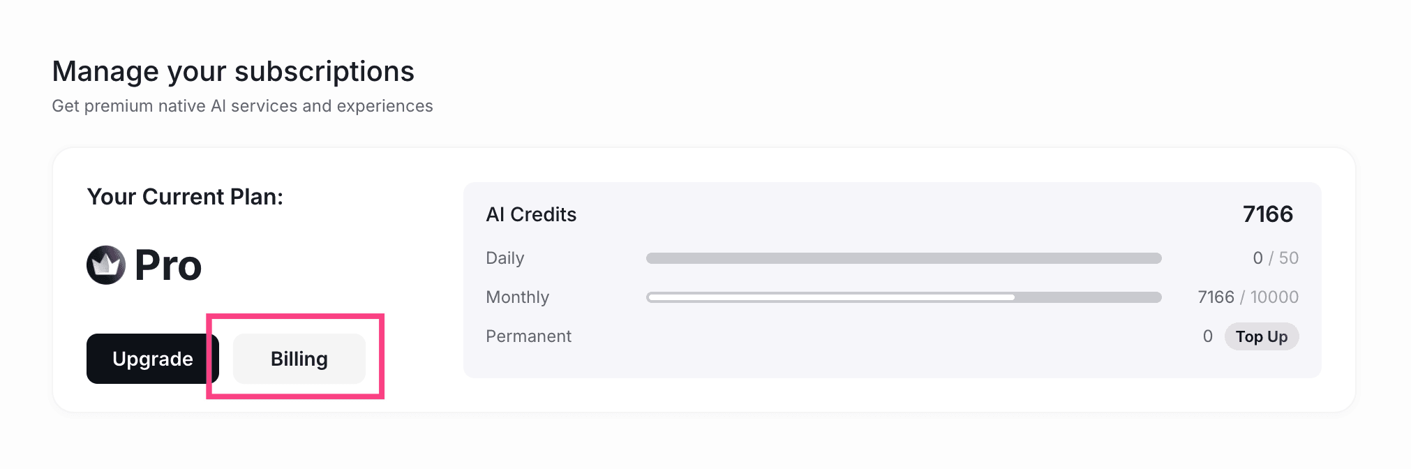 The Billing button next to the current plan on the subscription page
