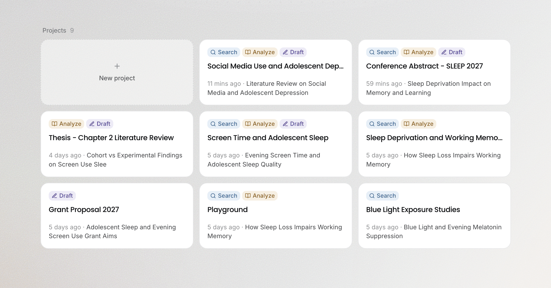 The Projects area on the home page, with New project as the first card