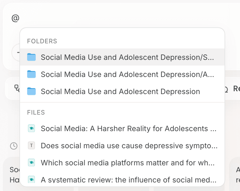 The folder and file picker that opens after you type @ in the input box