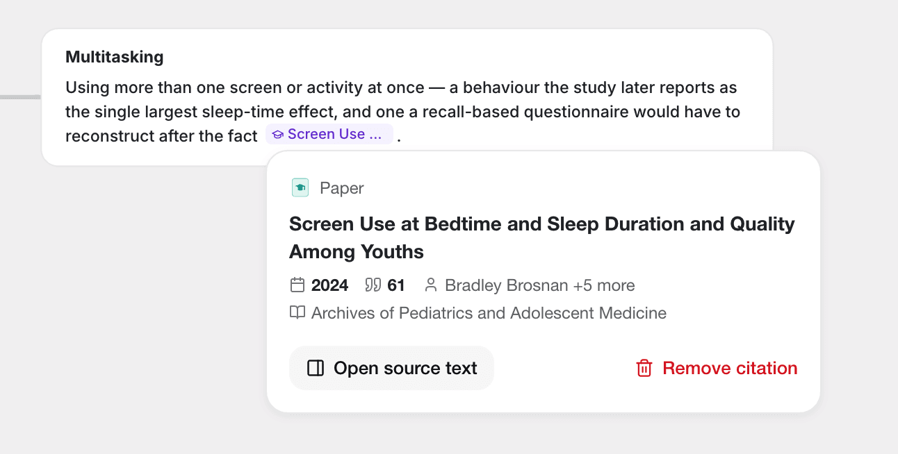 Opening a citation in a mind map node; the card shows the paper and an option to open the source text