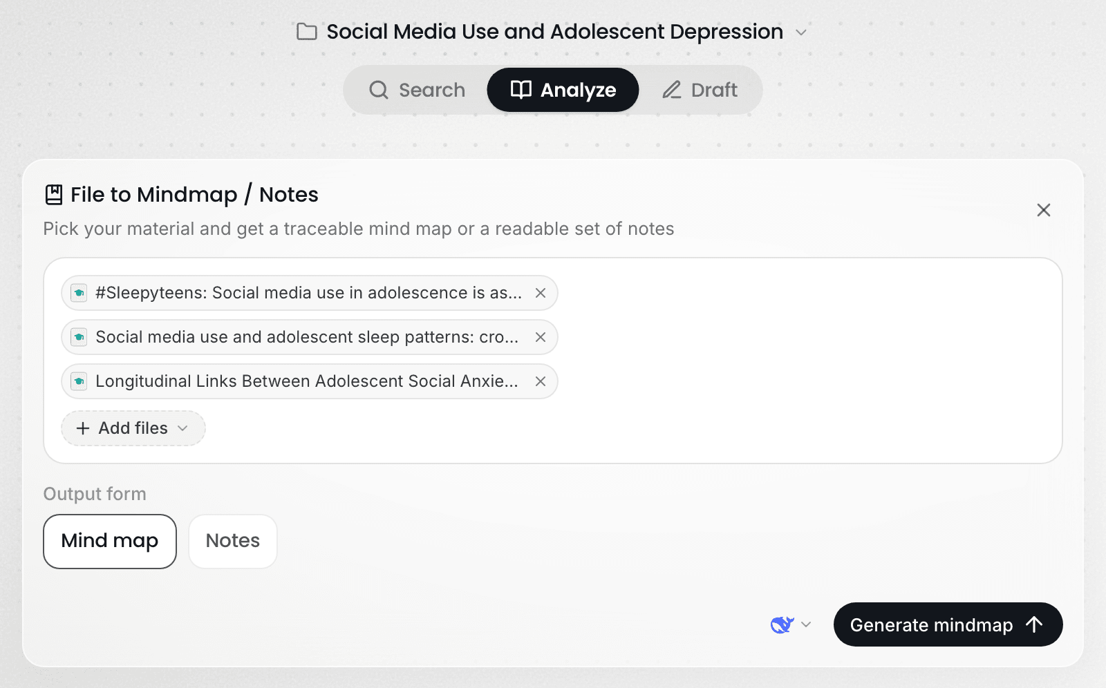 File to Mindmap / Notes: material selected, output form set to Mind map