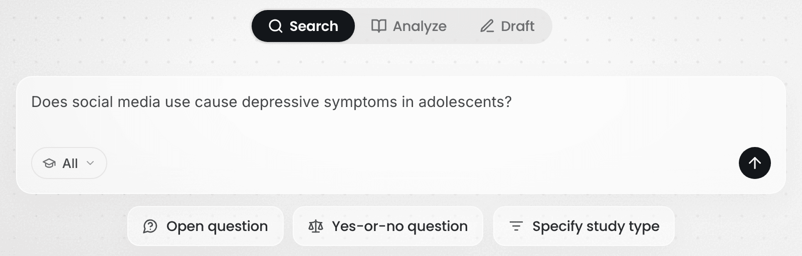 Writing a research question under the Search tab, with the scope at the bottom left