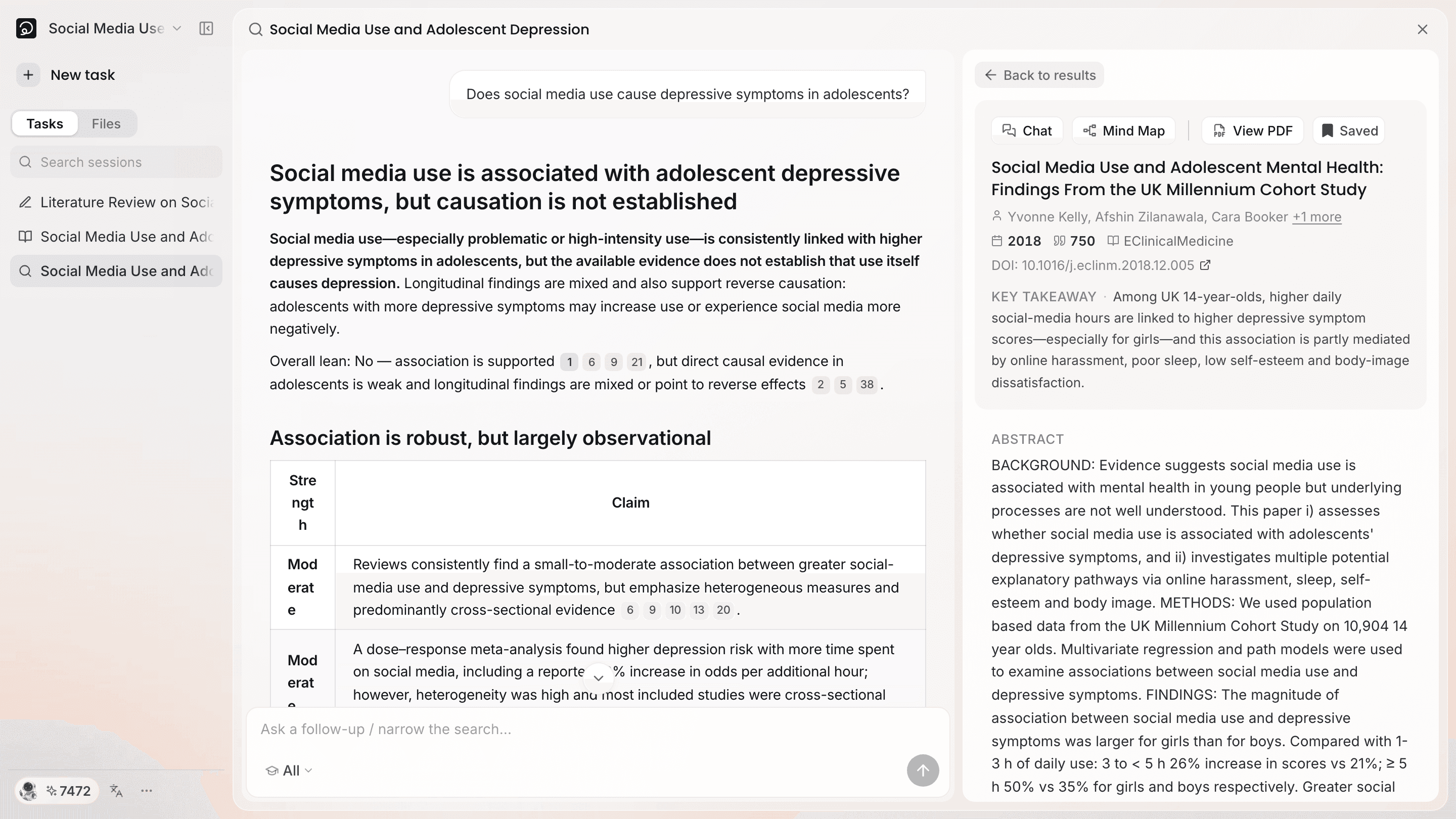 Click a marker in the review and the right column opens that paper's detail; where there is a full text you can view the PDF directly