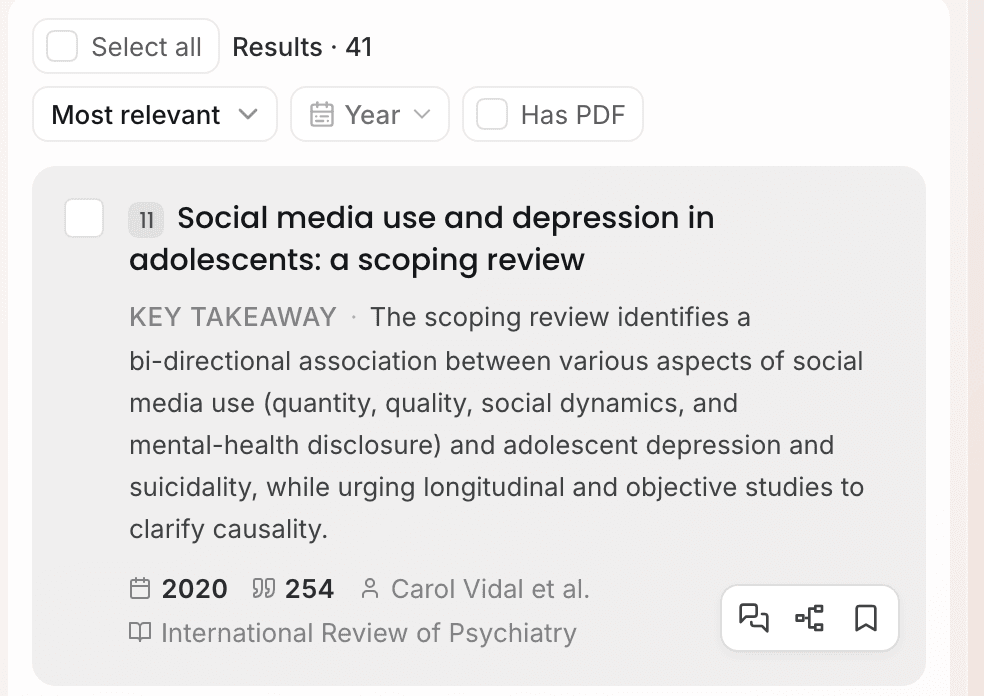 Hover over a paper card and a row of icons appears at the bottom right; the bookmark on the far right is save