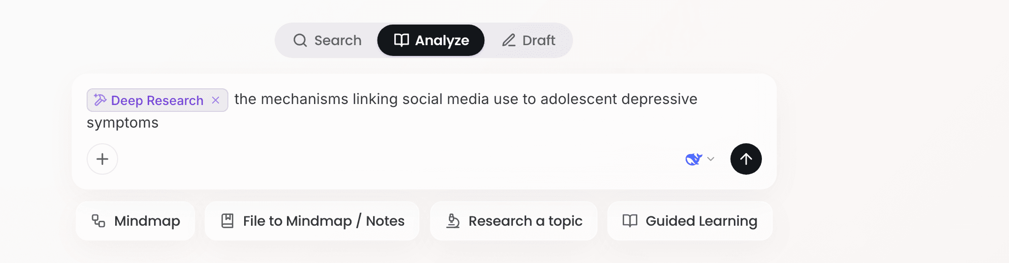 After choosing Deep Research, the skill chip in the input box and the topic written out