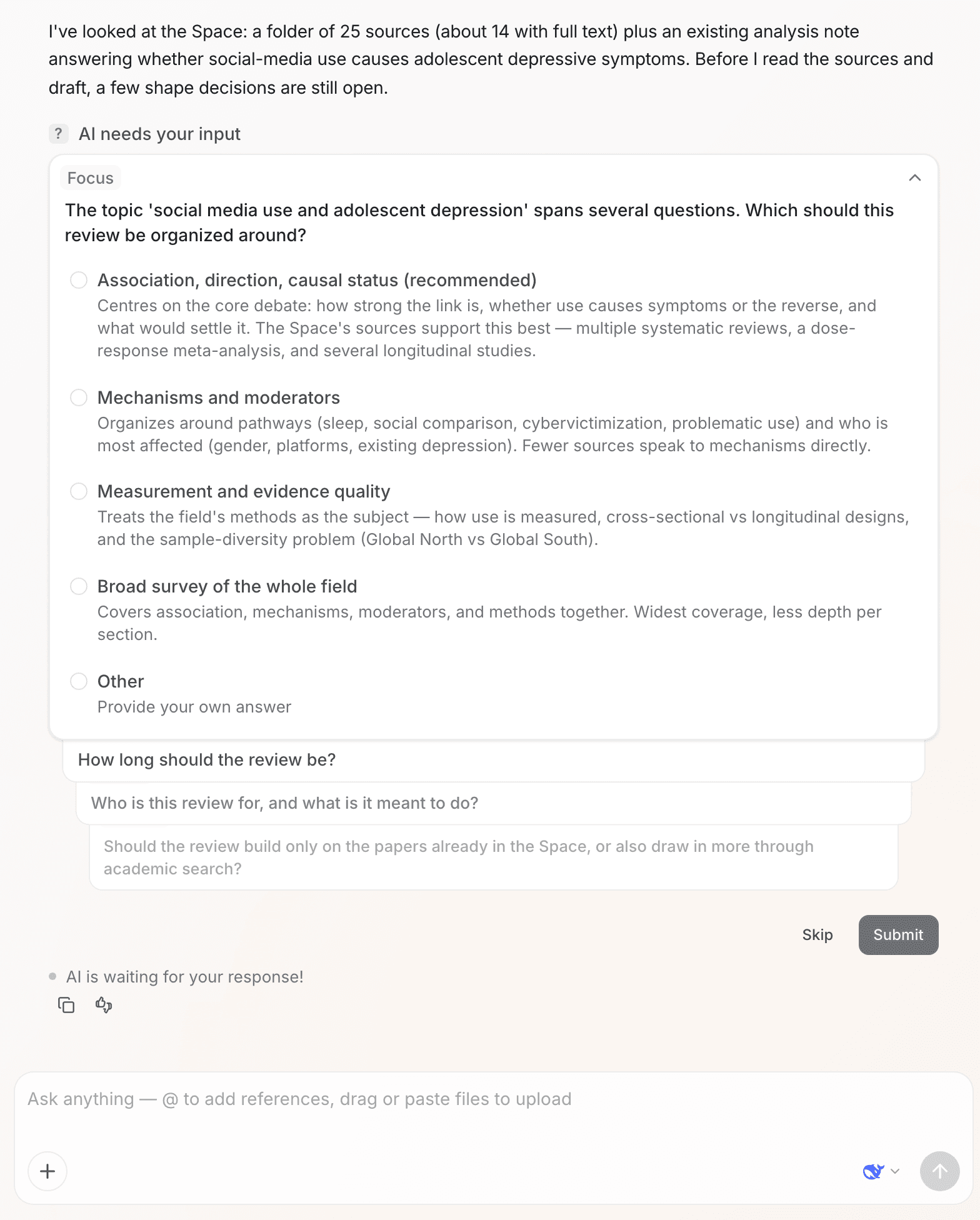 Before a writing task starts, Ponder asks a few questions to confirm the direction