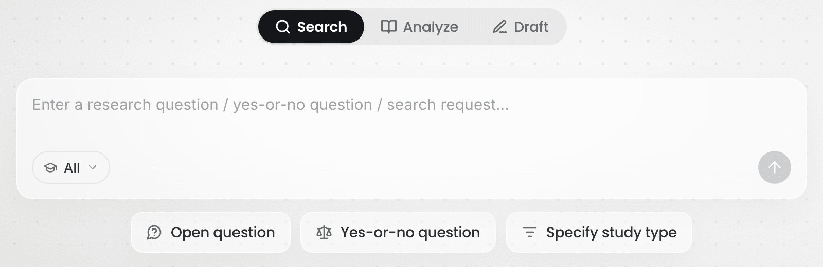 The input box under the Search tab, with three kinds of example questions
