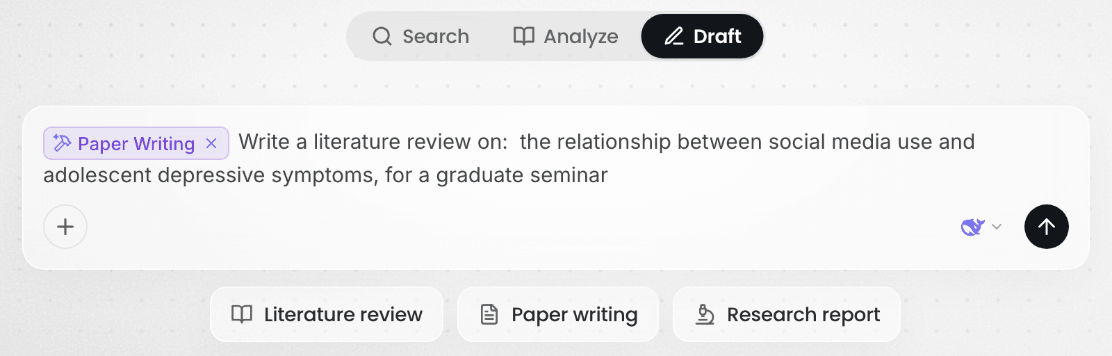 Clicking Literature review under the Draft tab, then writing the topic and requirements