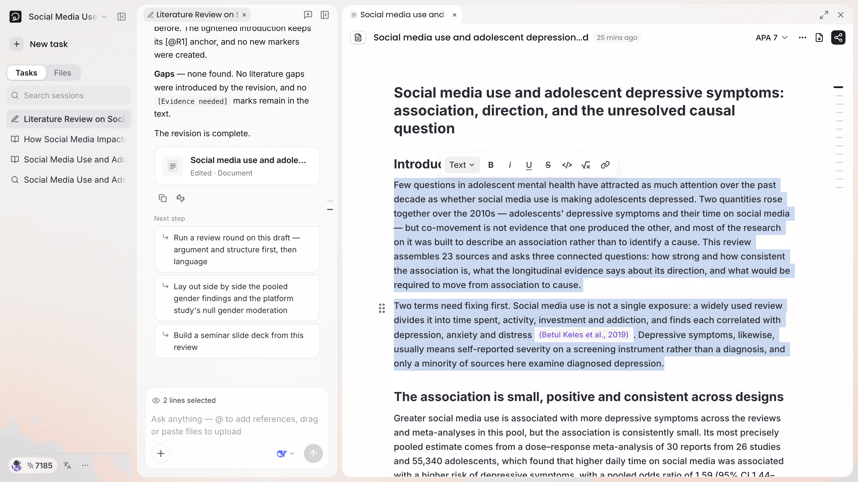 Two passages selected in the manuscript, with "2 lines selected" above the conversation input box