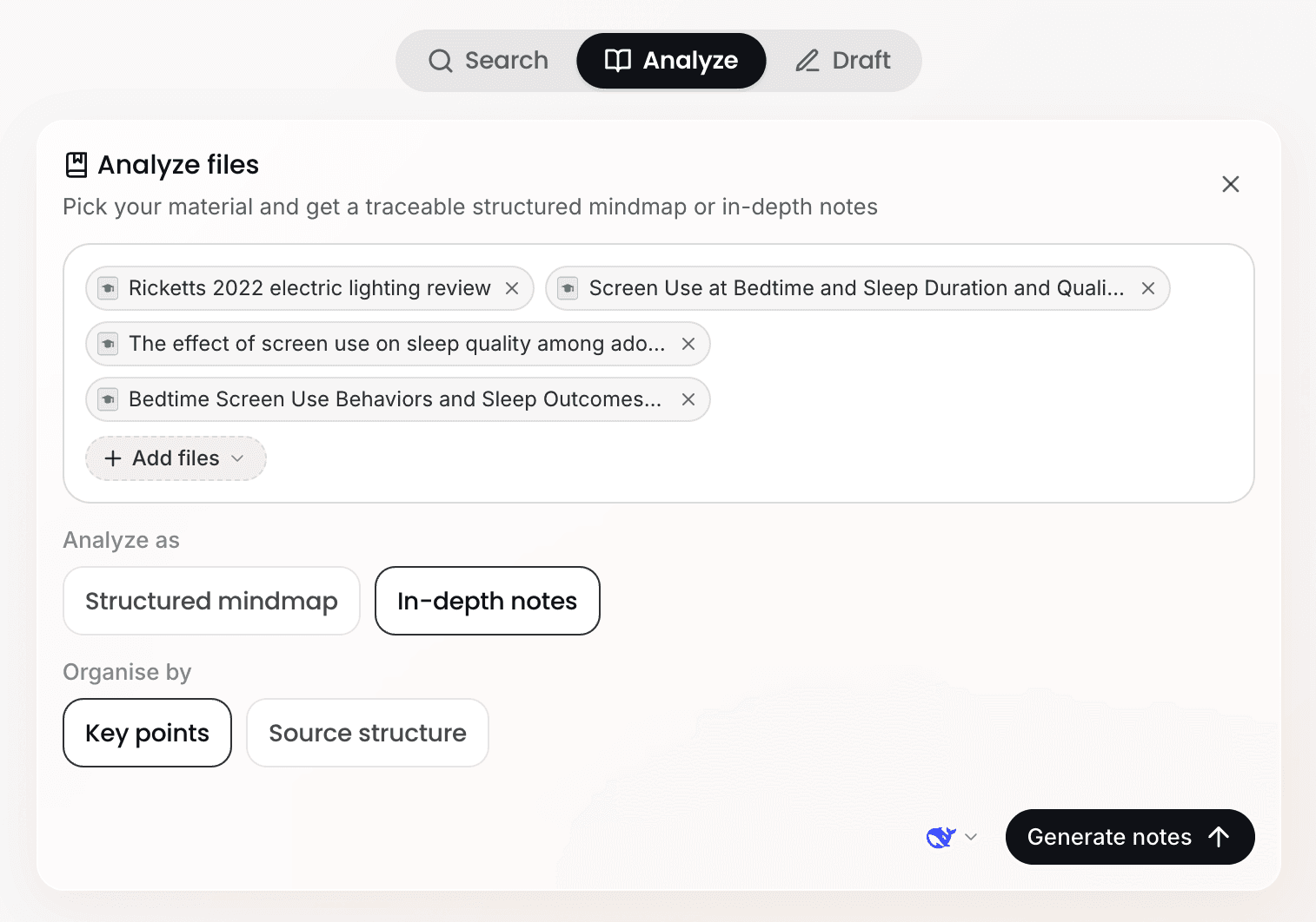 With In-depth notes selected, options for organizing by key points or by source structure appear