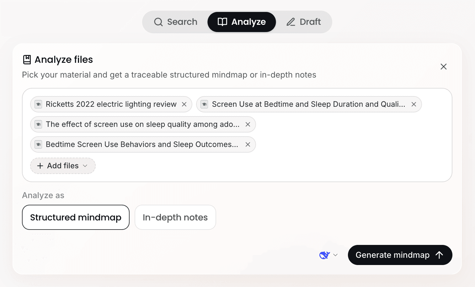 Analyze files: material selected, analyzed as a structured mindmap